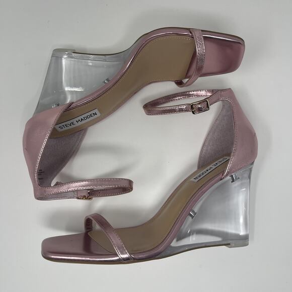 Steven Madden Isobel Sandals Size 8M Pink Metallic Clear Lucite Wedge NEW - Picture 11 of 14